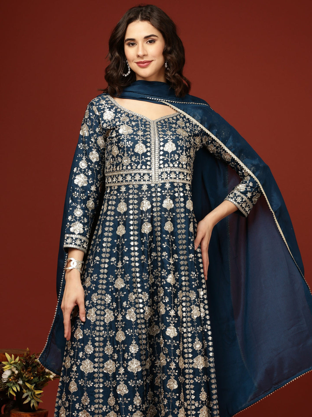 Neerus Blue silk embellished Anarkali suit set - back view