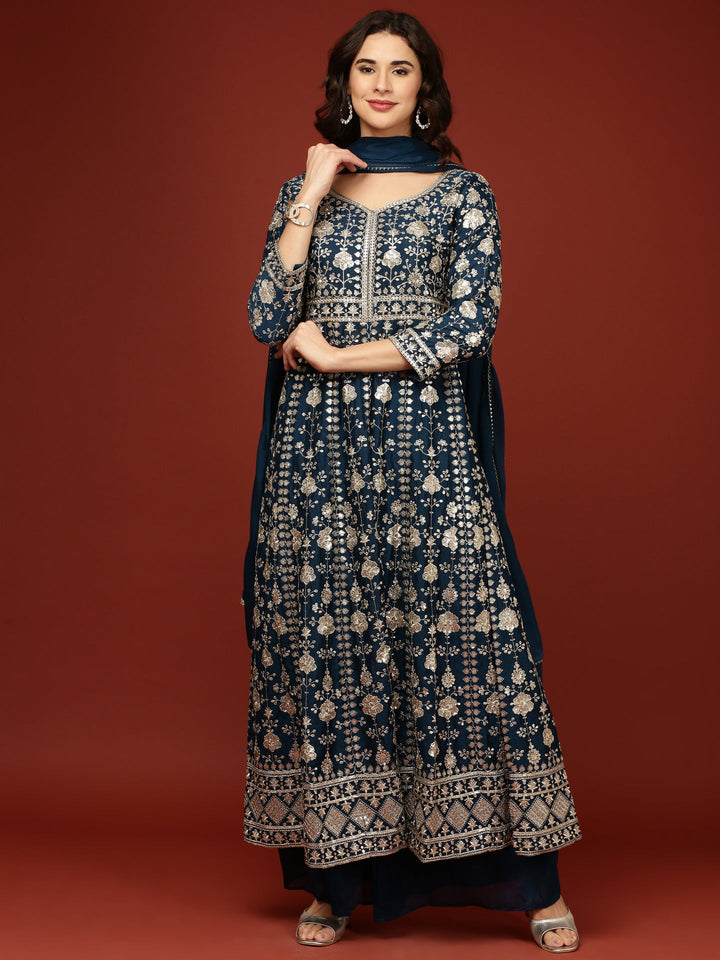 Neerus Blue silk embellished Anarkali suit set - front view