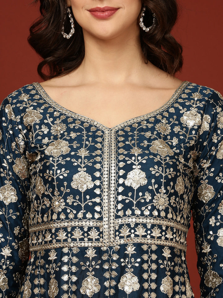 Neerus Blue silk embellished Anarkali suit set - detail view 2