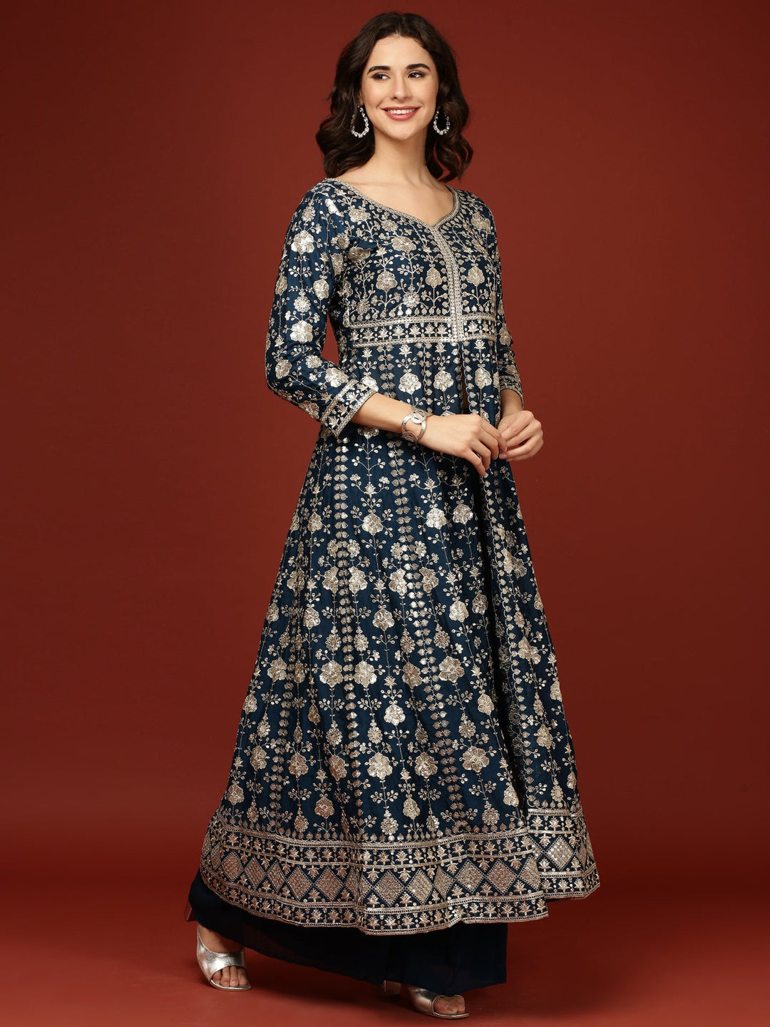Neerus Blue silk embellished Anarkali suit set - side view