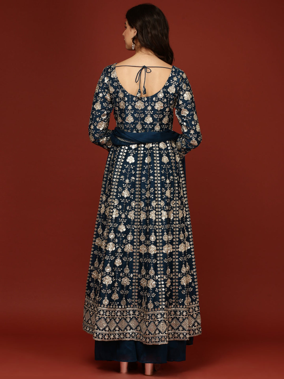 Neerus Blue silk embellished Anarkali suit set - detail view 1
