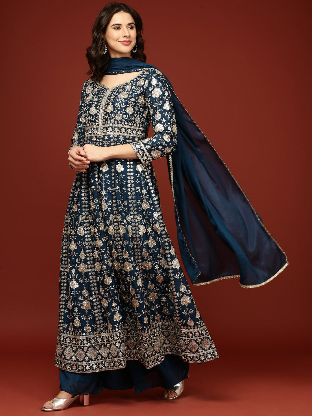 Neerus Blue silk embellished Anarkali suit set - detail view 3