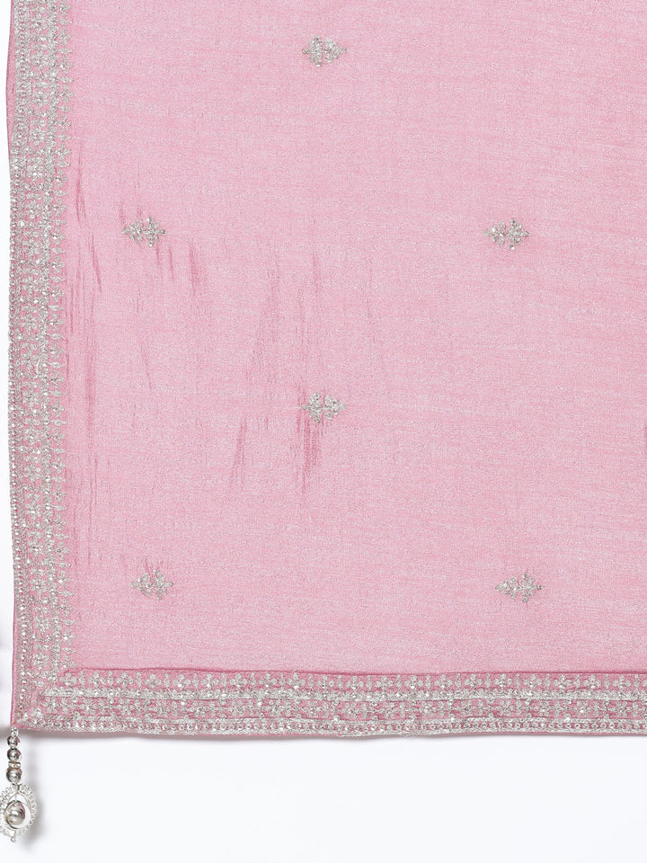 Magenta silk embroidered Three piece set with contrast dupatta