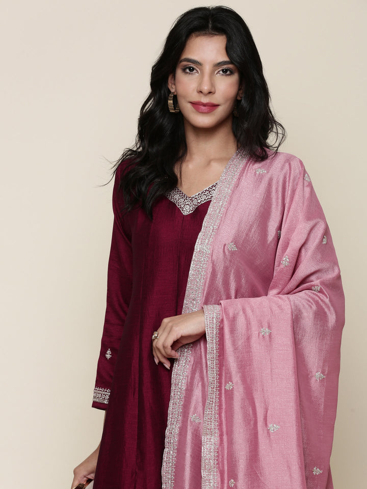 Magenta silk embroidered Three piece set with contrast dupatta