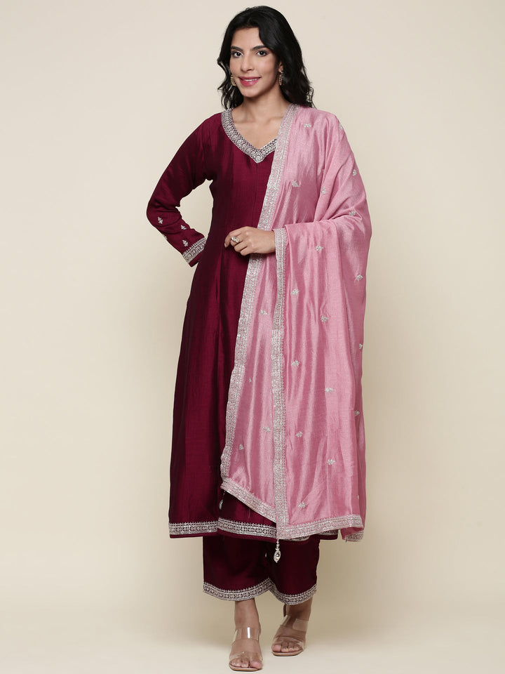 Magenta silk embroidered Three piece set with contrast dupatta