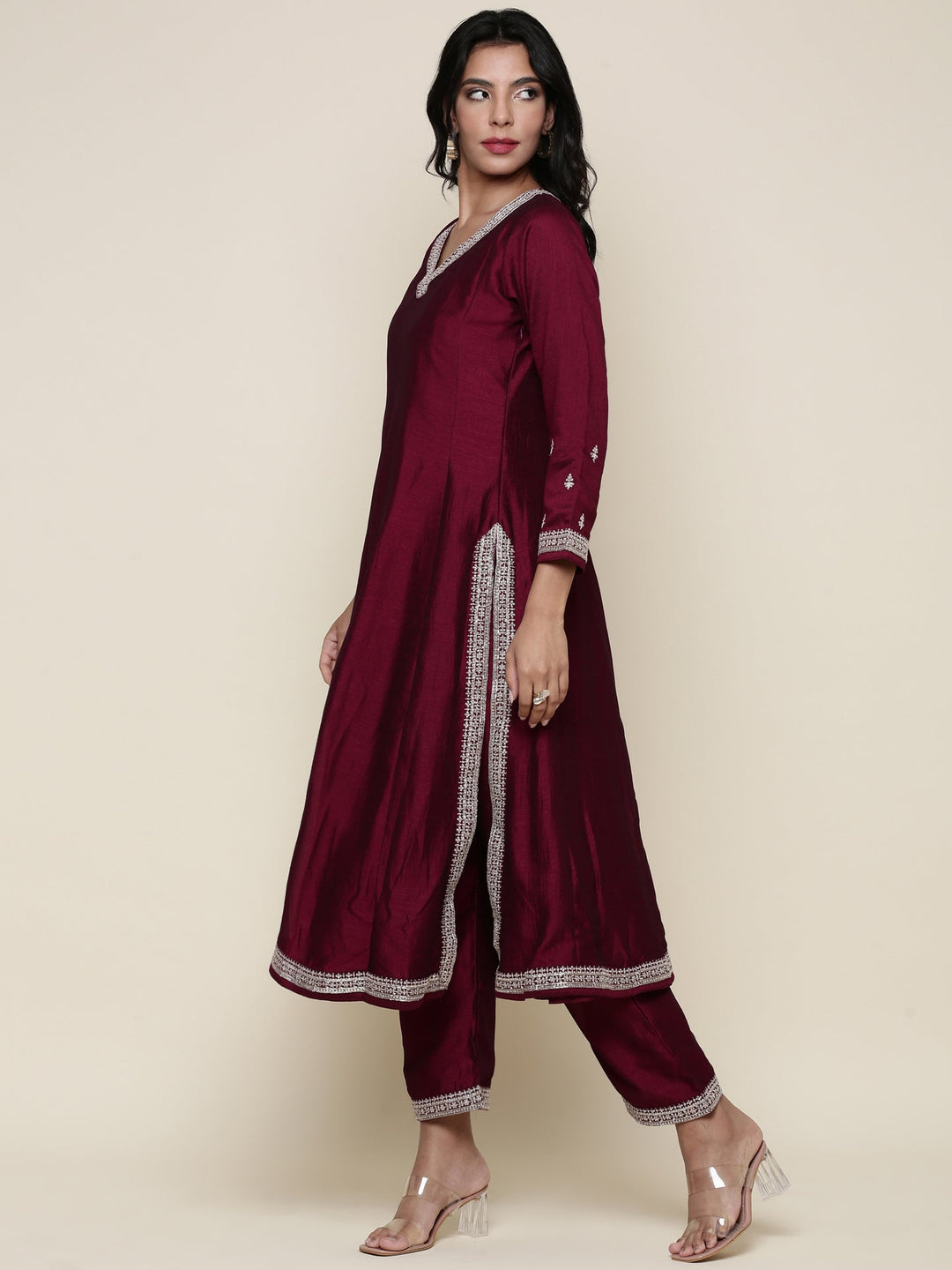 Neerus Pink silk embroidered suit set - back view