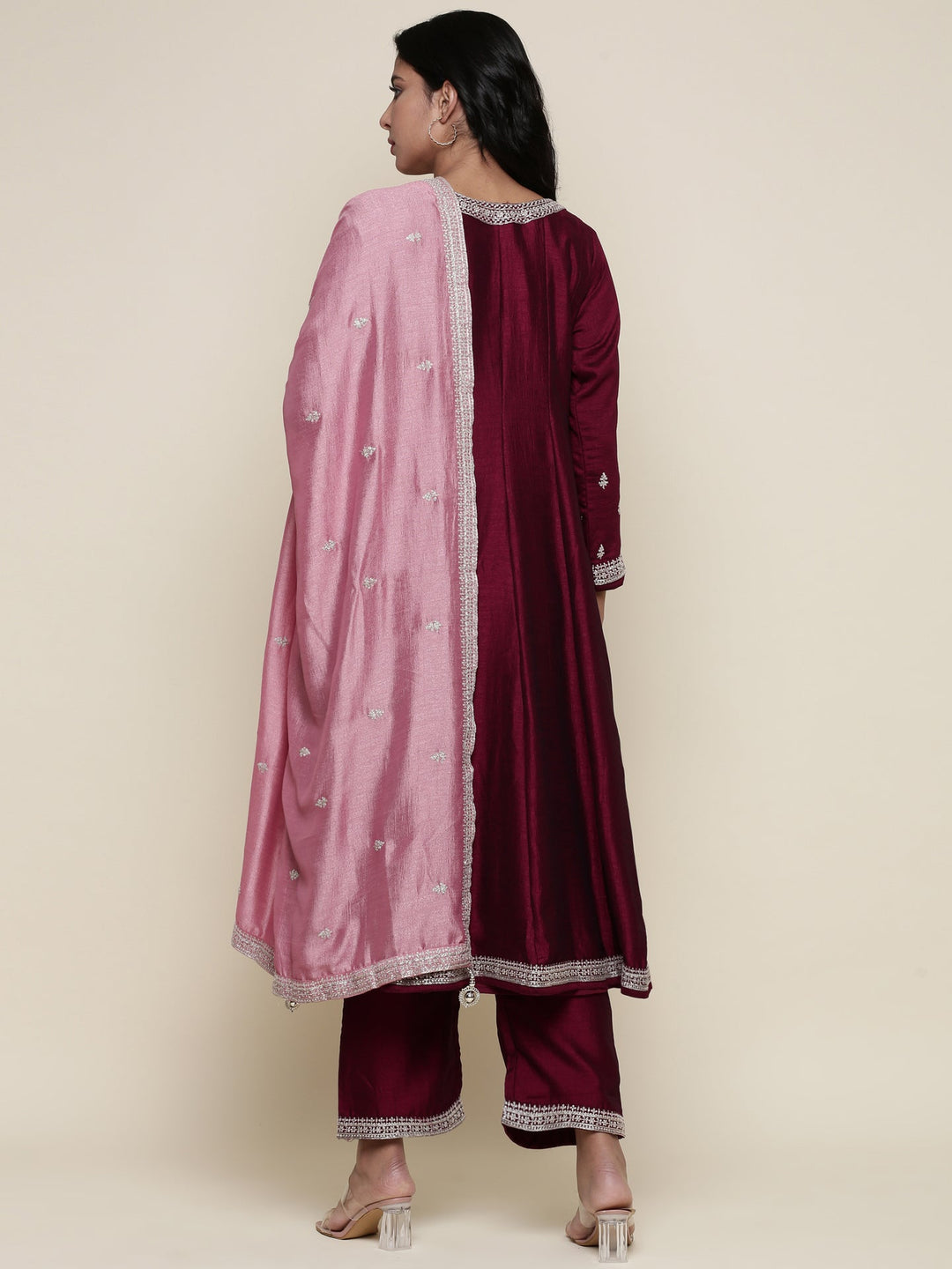 Neerus Pink silk embroidered suit set - side view