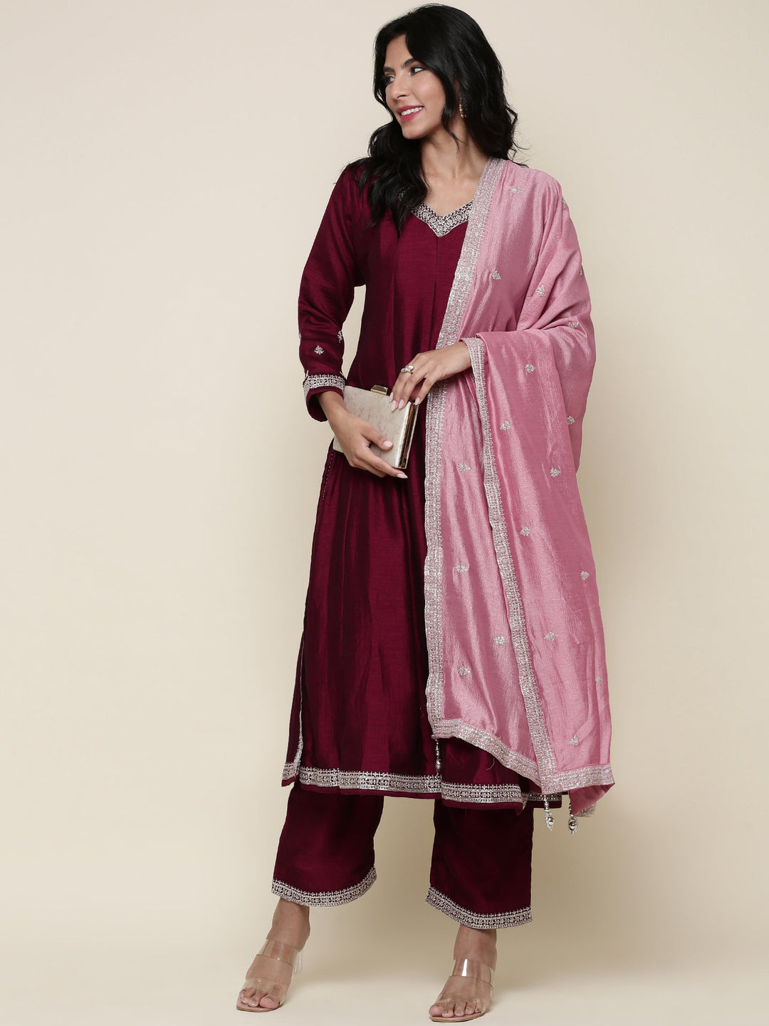 Neerus Pink silk embroidered suit set - detail view 2