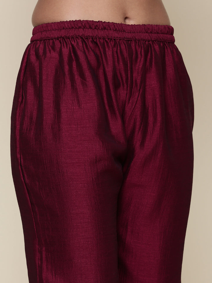 Magenta silk embroidered Three piece set with contrast dupatta