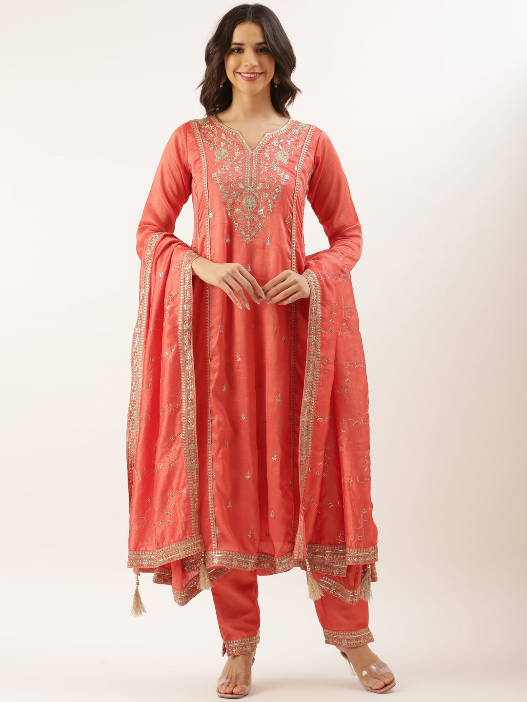 Neerus Pink silk embroidered suit set - back view