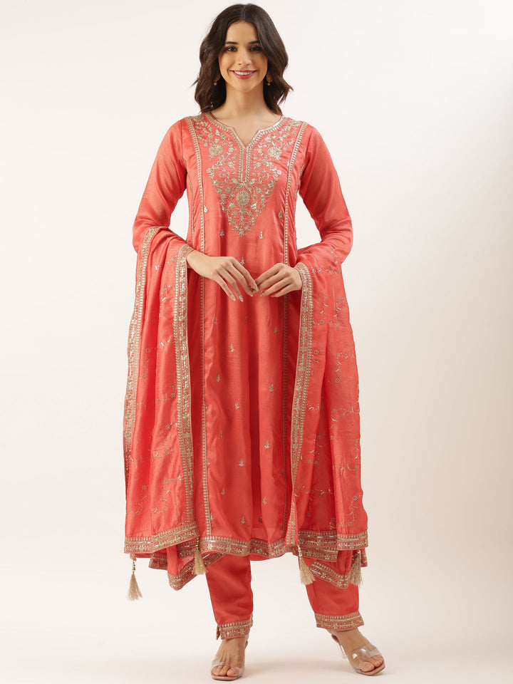 Neerus Pink silk embroidered suit set - back view