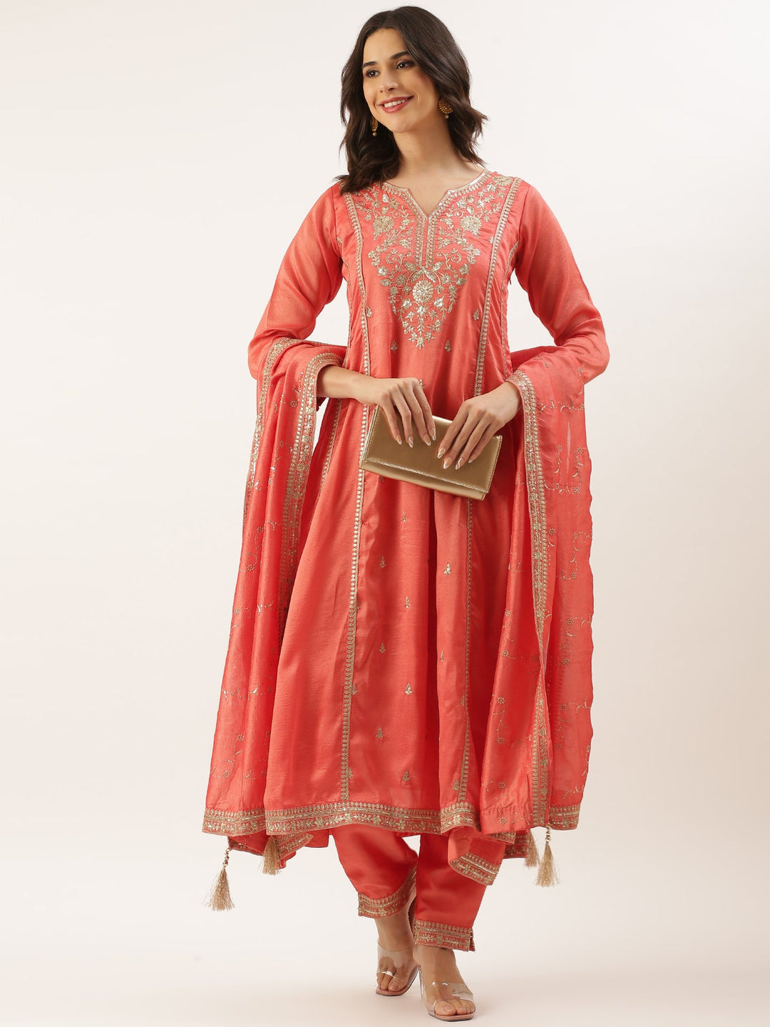Neerus Pink silk embroidered suit set - front view