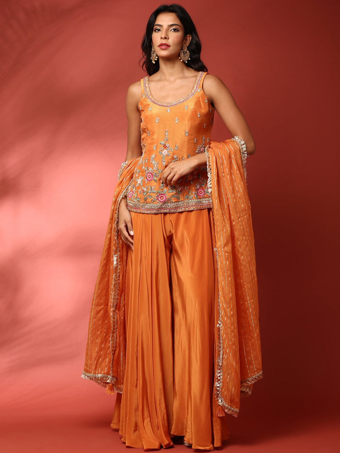 Neerus Orange tissue hand embroidered suit set - back view