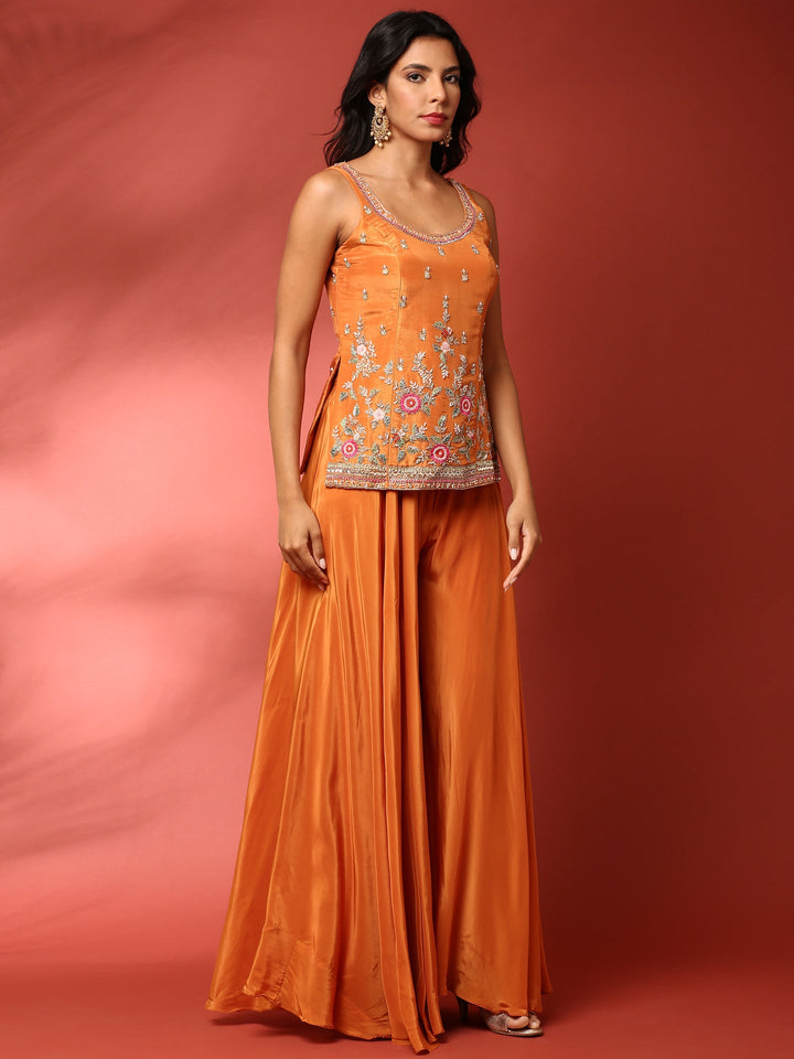 Neerus Orange tissue hand embroidered suit set - side view