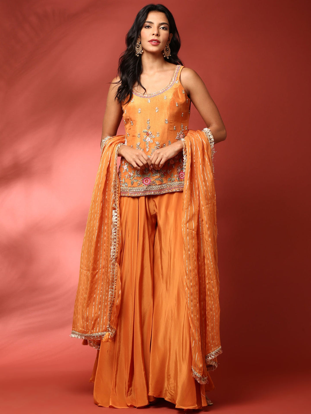 Neerus Orange tissue hand embroidered suit set - front view
