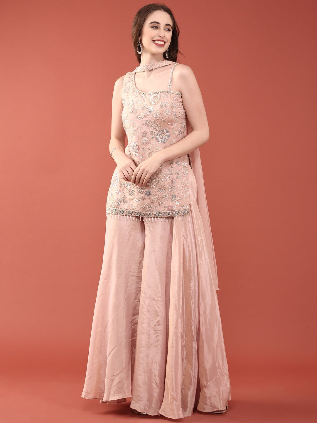 Neerus Orange tissue hand embroidered suit set - back view
