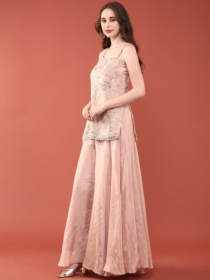 Peach Tissue Hand Embroidery Palazzo Set