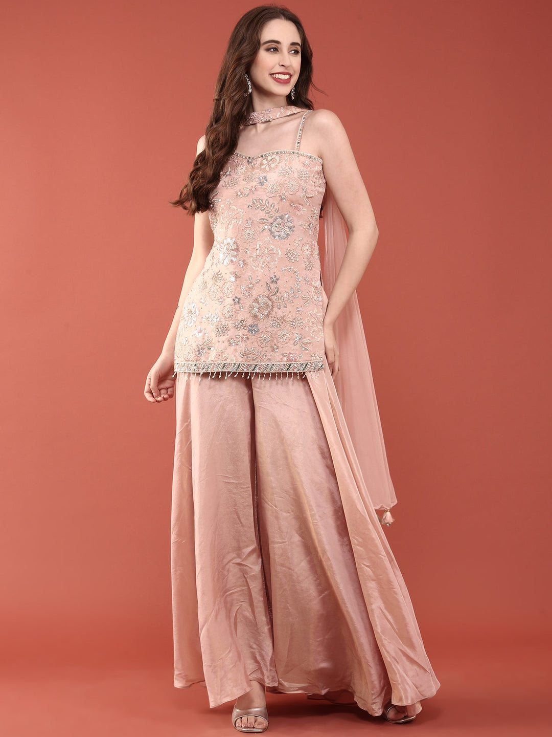 Neerus Orange tissue hand embroidered suit set - front view