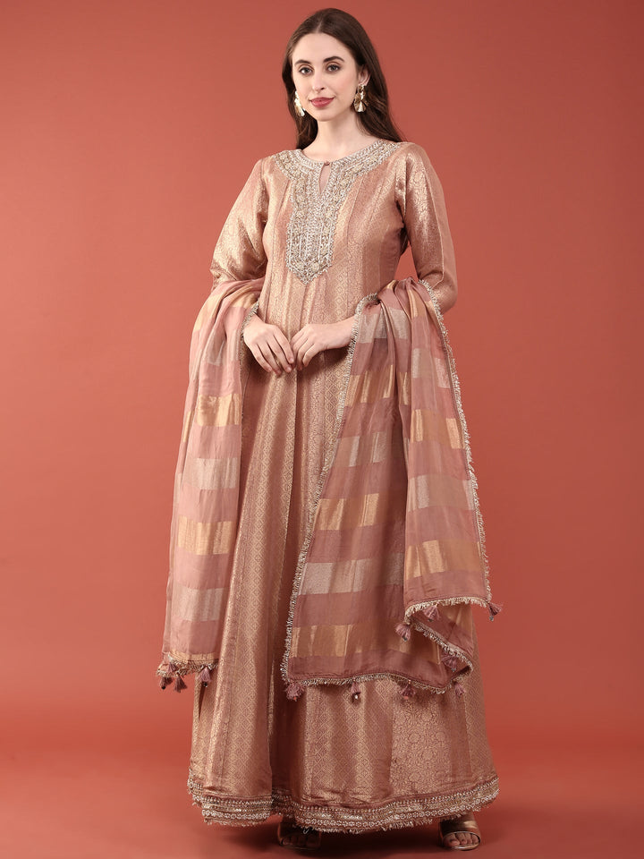 Neerus Pink Banarasi embroidered anarkali suit set - front view