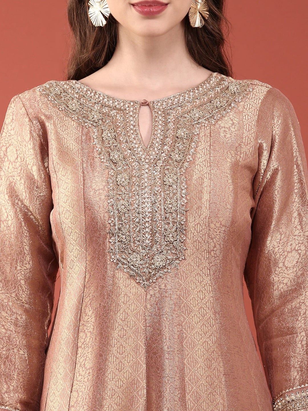 Neerus Pink Banarasi embroidered anarkali suit set - detail view 1