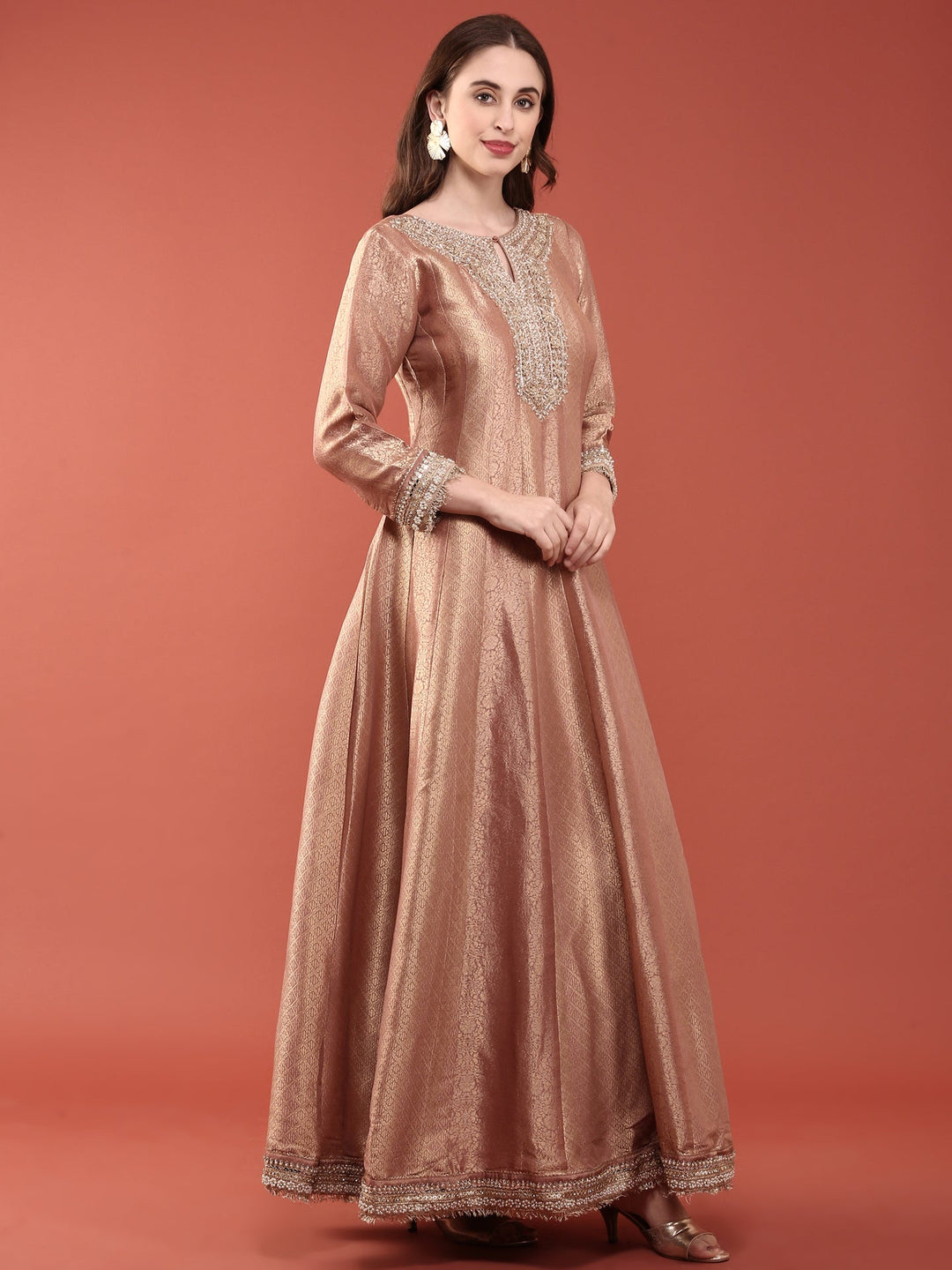 Neerus Pink Banarasi embroidered anarkali suit set - back view