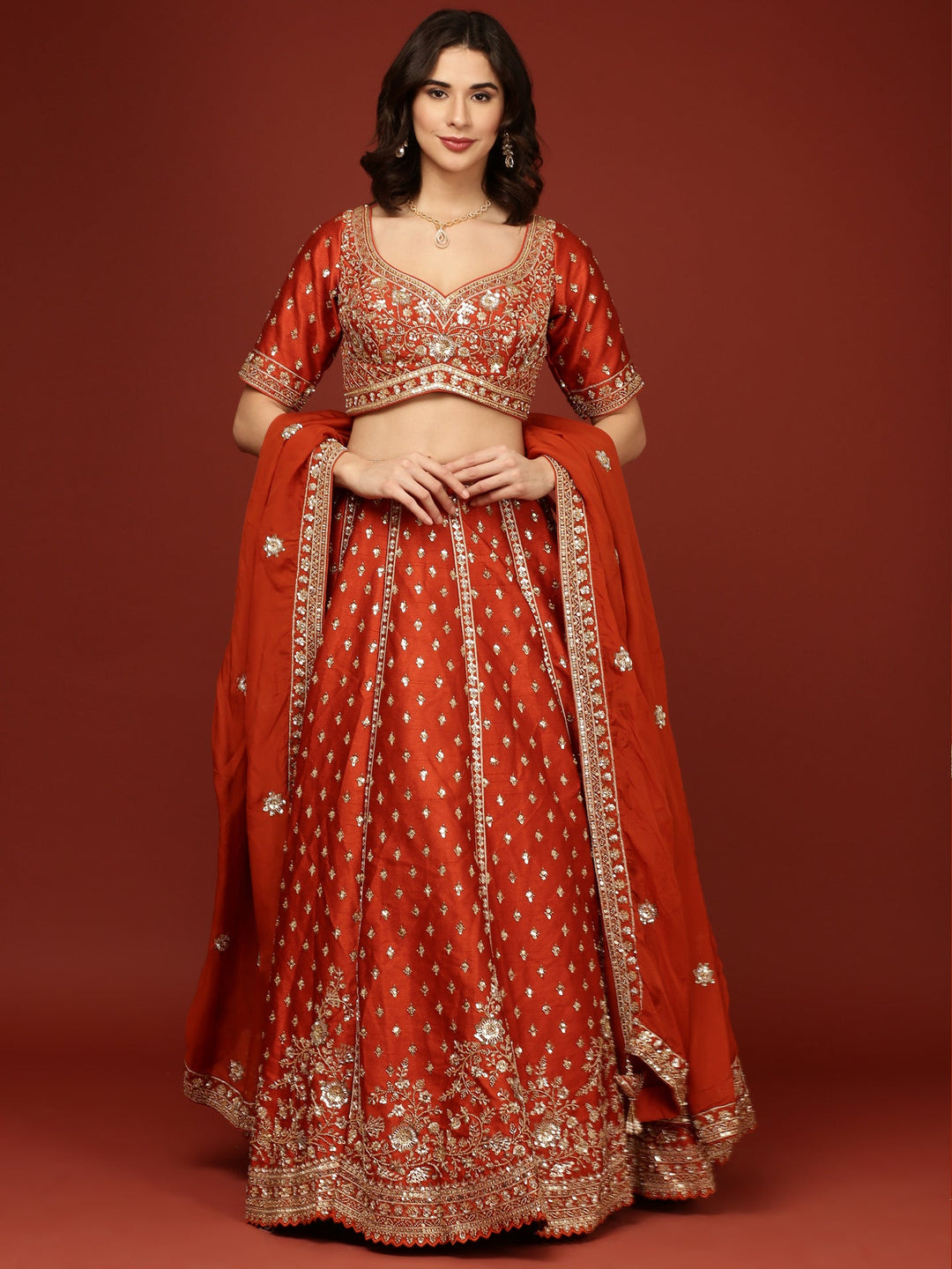 Neerus Orange silk hand embroidered lehenga set - front view