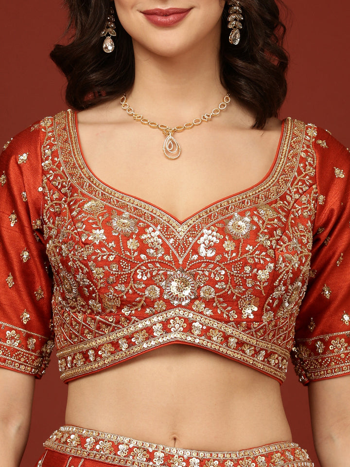 Rust Silk Hand Embroidery Floral Motifs Ghagra Set