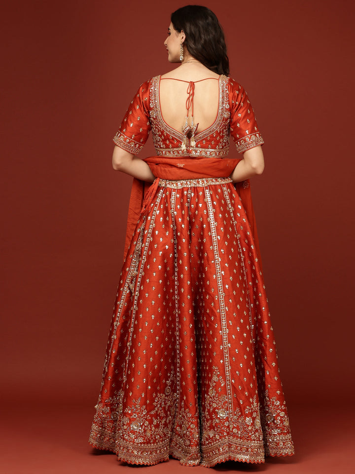 Rust Silk Hand Embroidery Floral Motifs Ghagra Set