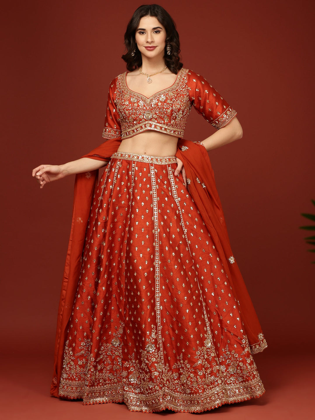 Neerus Orange silk hand embroidered lehenga set - detail view 2