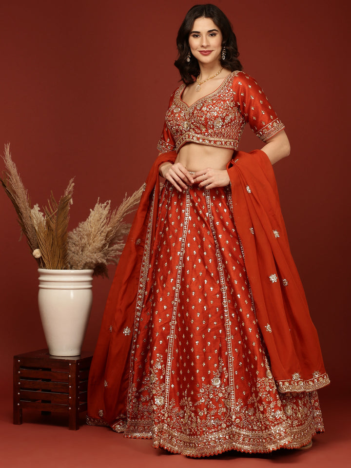 Rust Silk Hand Embroidery Floral Motifs Ghagra Set