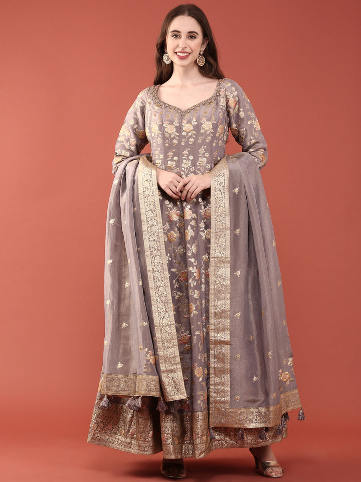 Neerus Purple tissue digital printed Anarkali suit set - front view