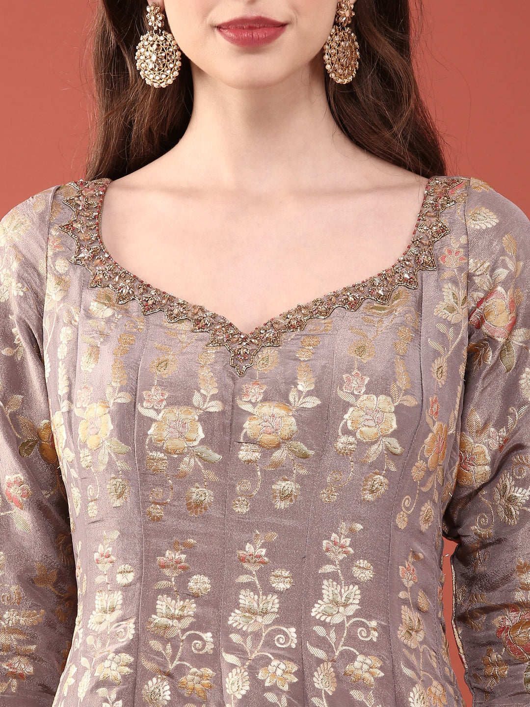 Neerus Purple tissue digital printed Anarkali suit set - detail view 1