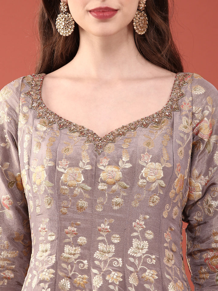 Neerus Purple tissue digital printed Anarkali suit set - detail view 1
