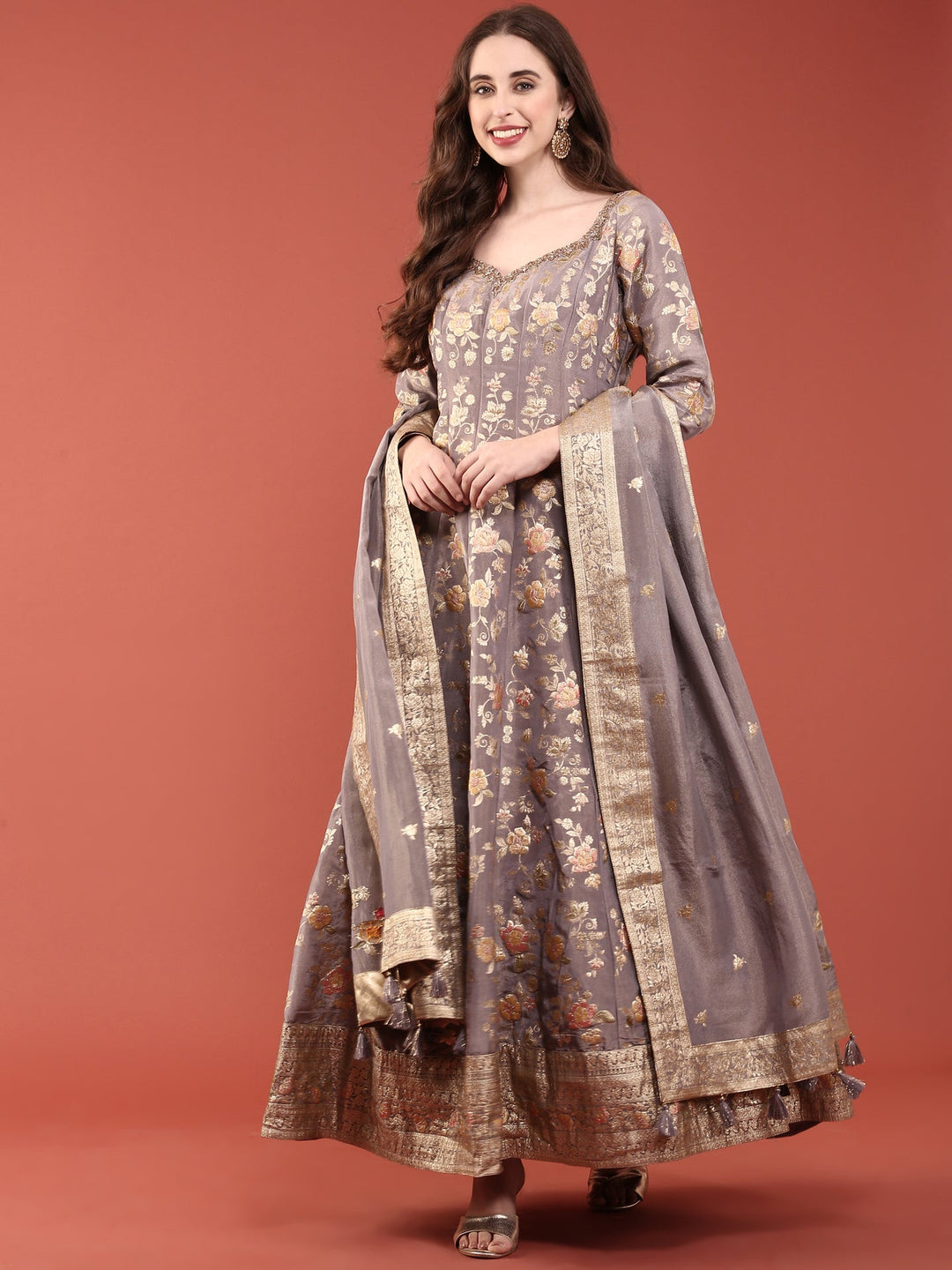 Neerus Purple tissue digital printed Anarkali suit set - detail view 2