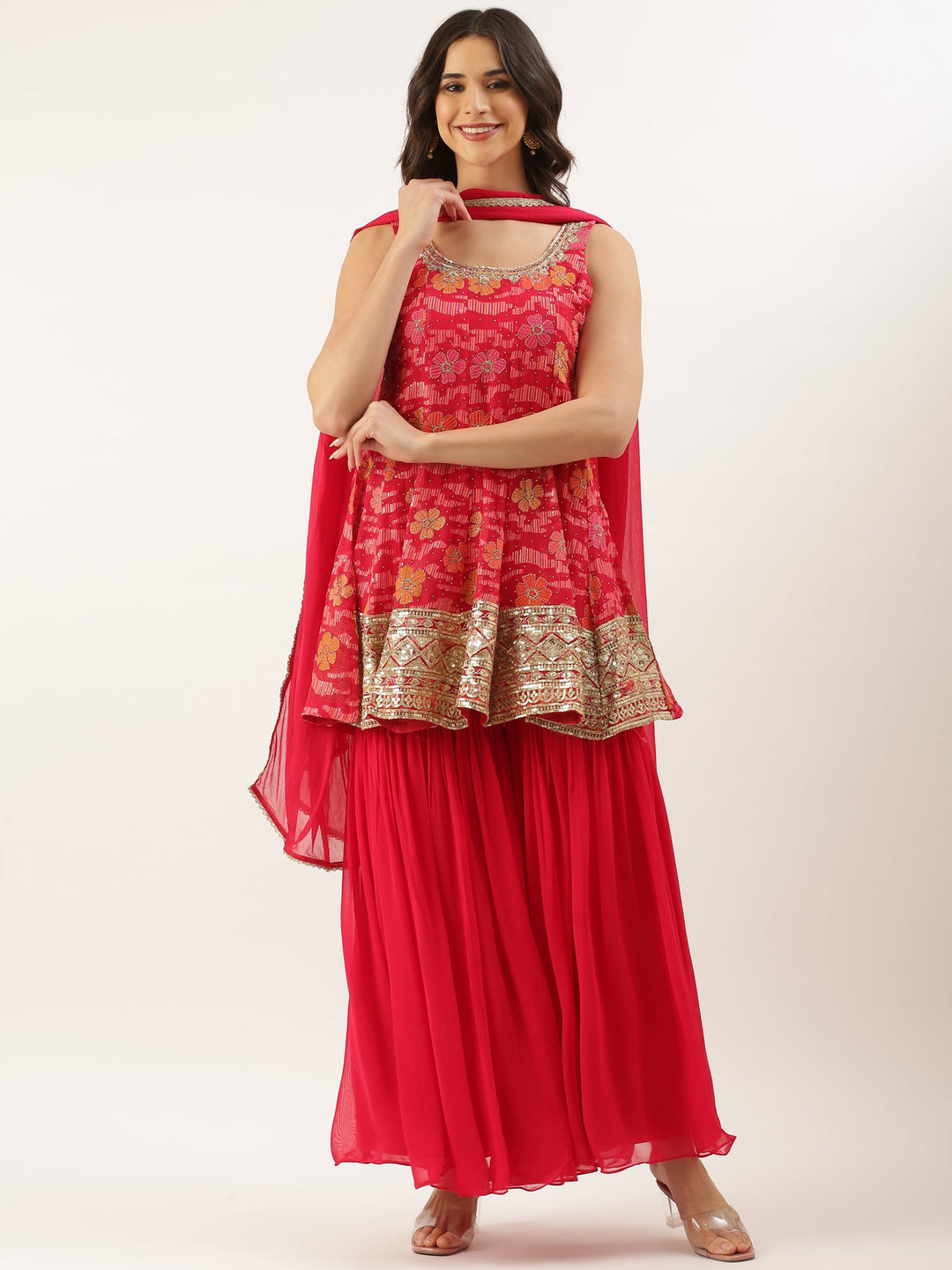 Neerus Red georgette printed peplum suit set - back view