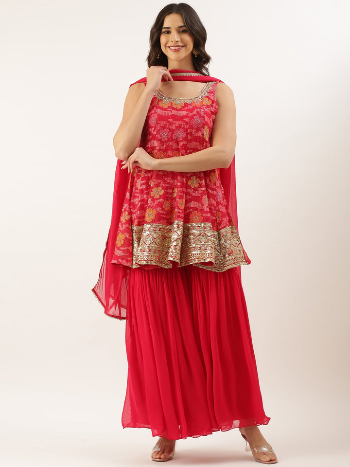 Neerus Red georgette printed peplum suit set - back view