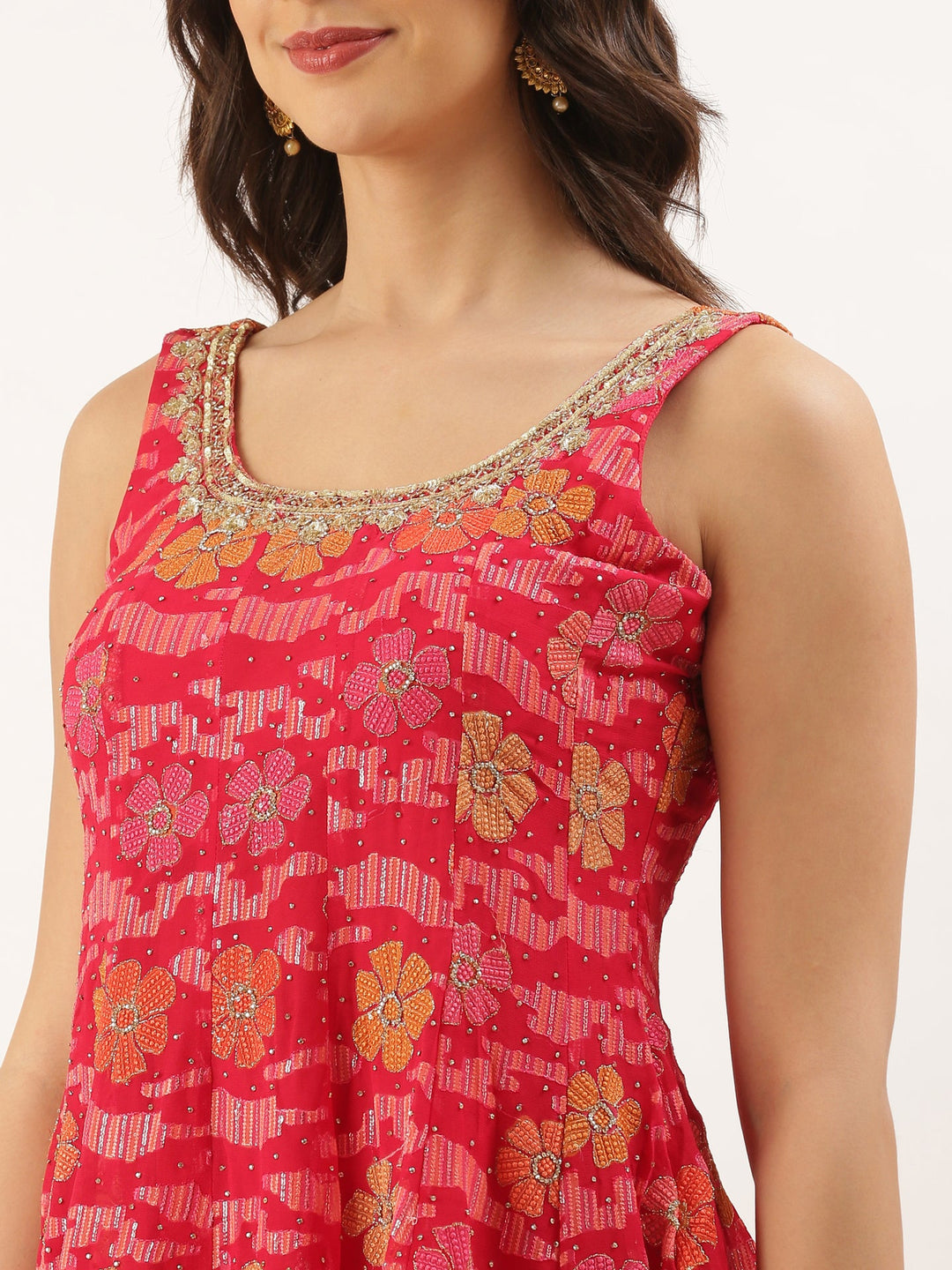 Neerus Red georgette printed peplum suit set - detail view 2