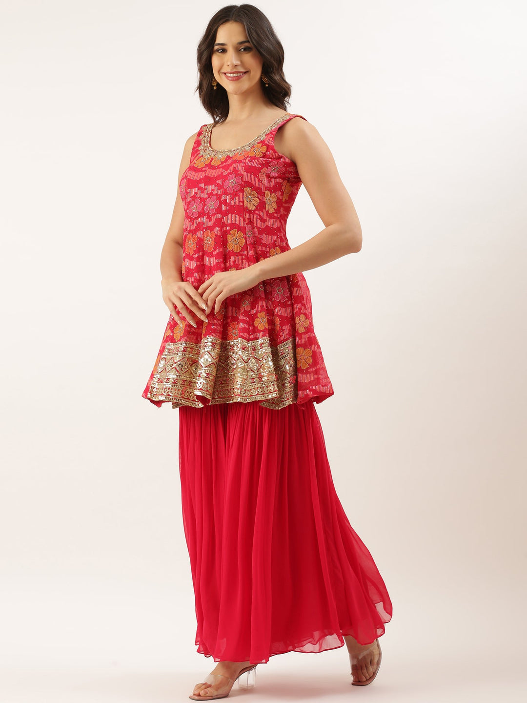 Neerus Red georgette printed peplum suit set - side view