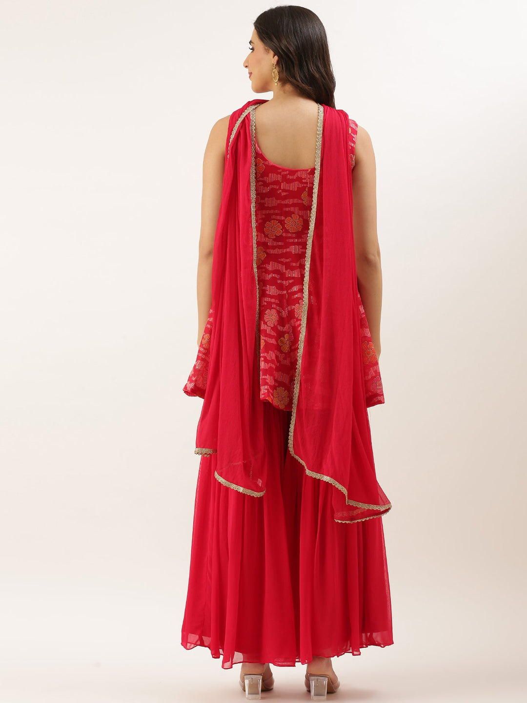 Neerus Red georgette printed peplum suit set - detail view 1