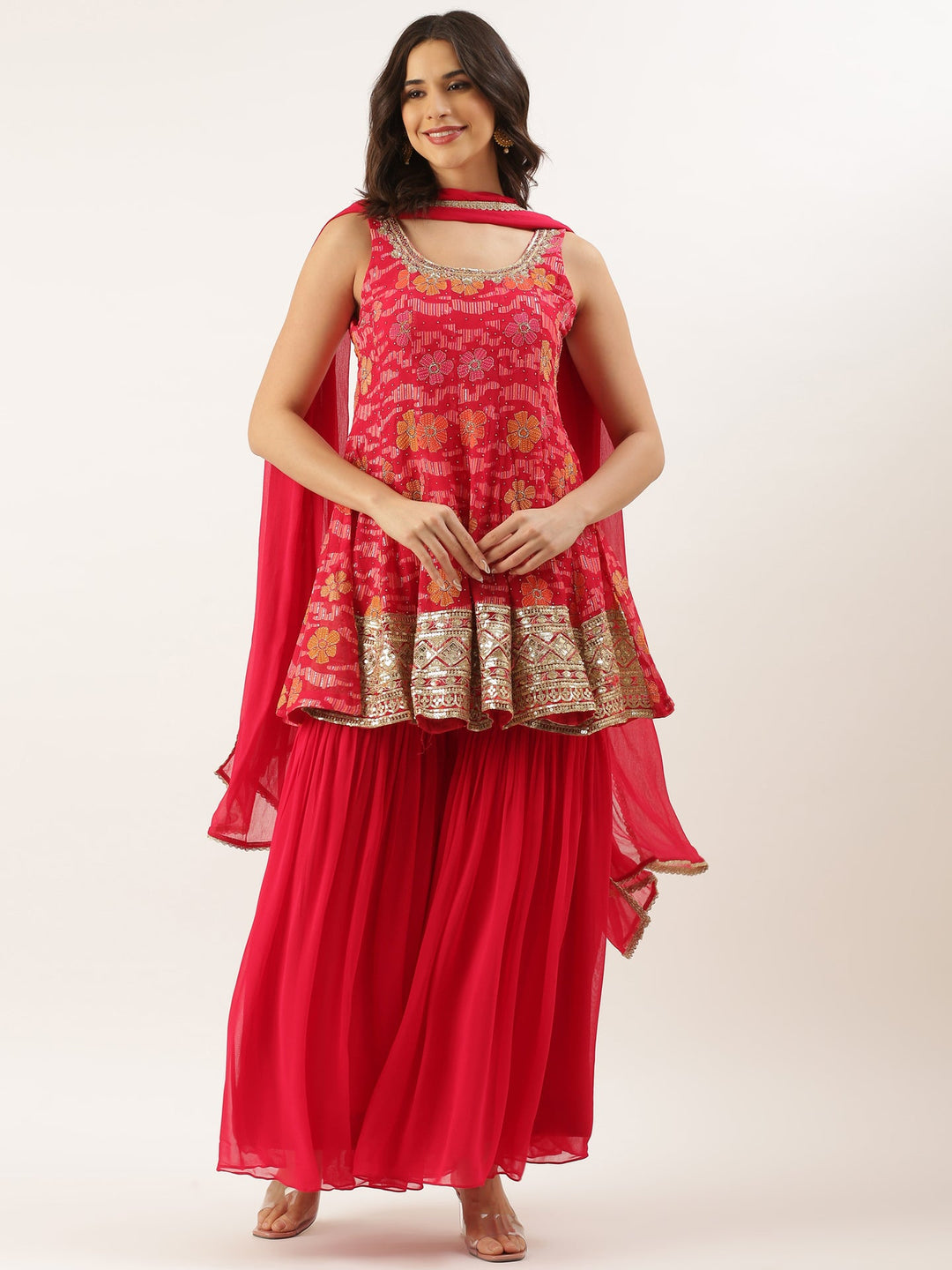Neerus Red georgette printed peplum suit set - front view