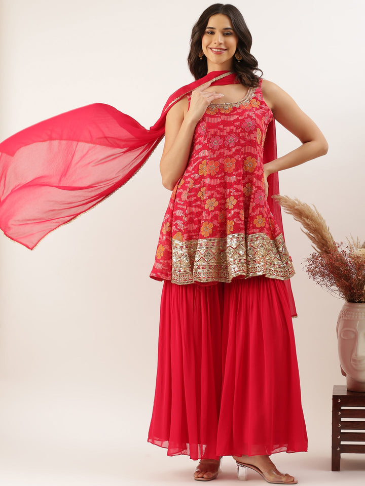 Neerus Red georgette printed peplum suit set - detail view 4
