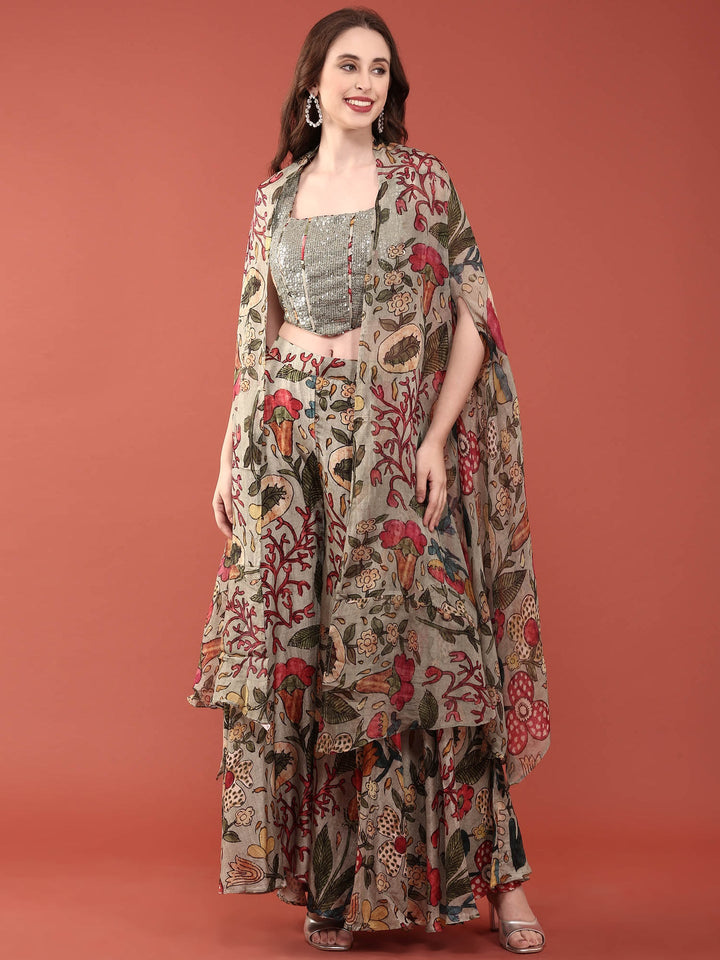 Neerus Green silk embellished crop top palazzo suit set - back view