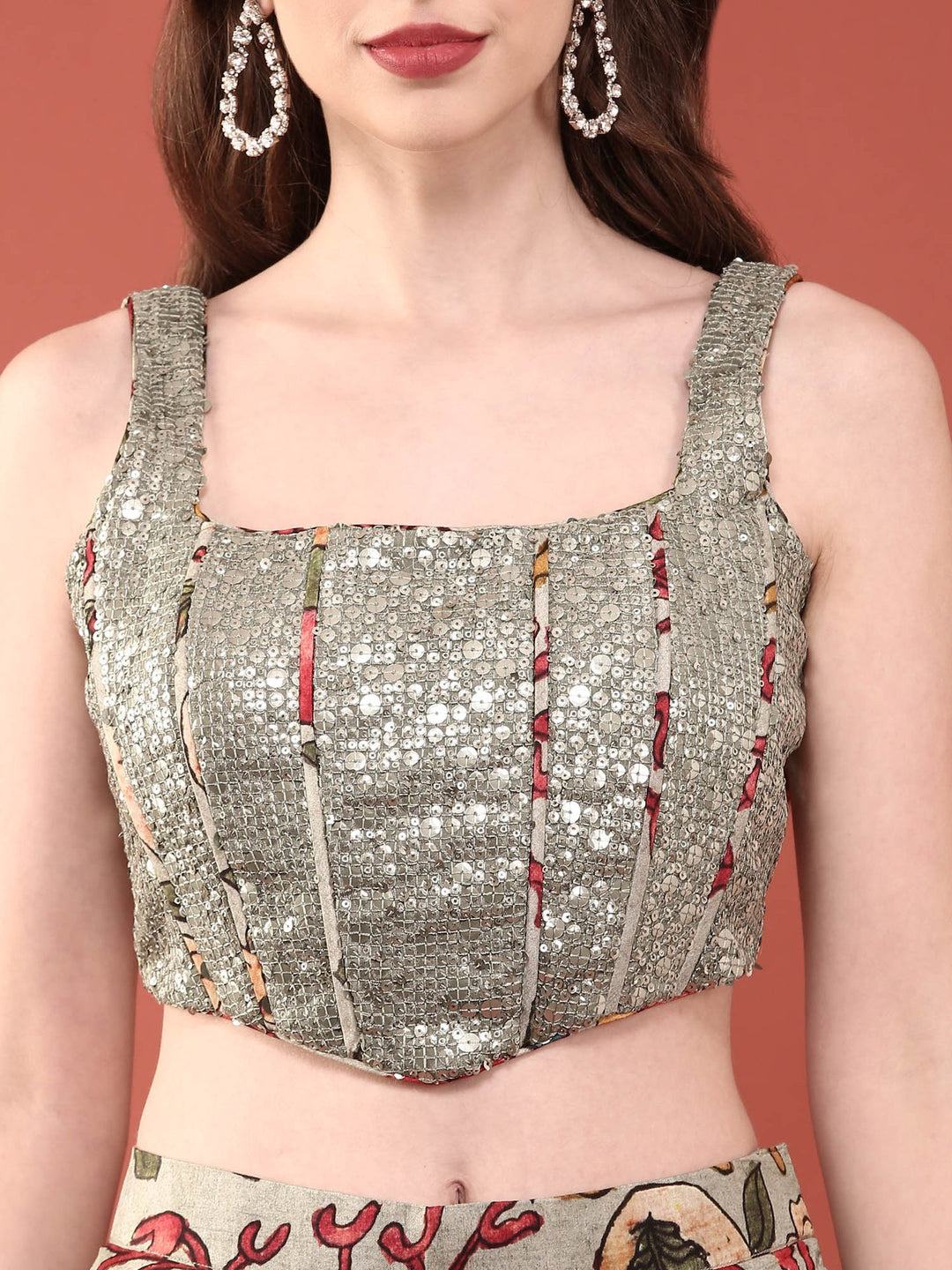 Neerus Green silk embellished crop top palazzo suit set - detail view 2