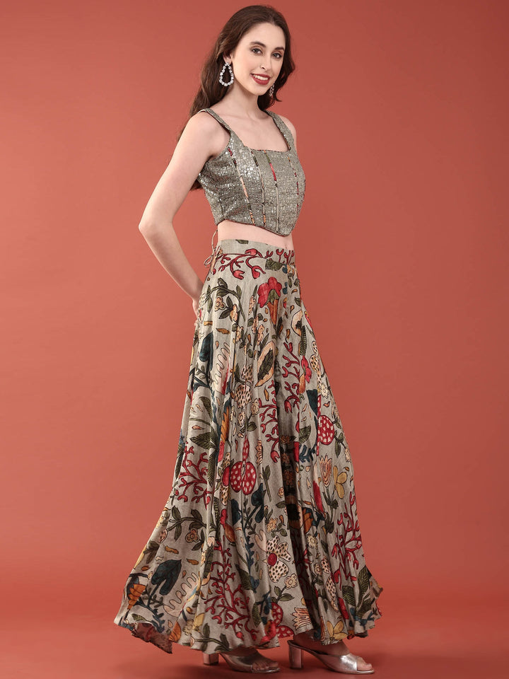 Neerus Green silk embellished crop top palazzo suit set - side view