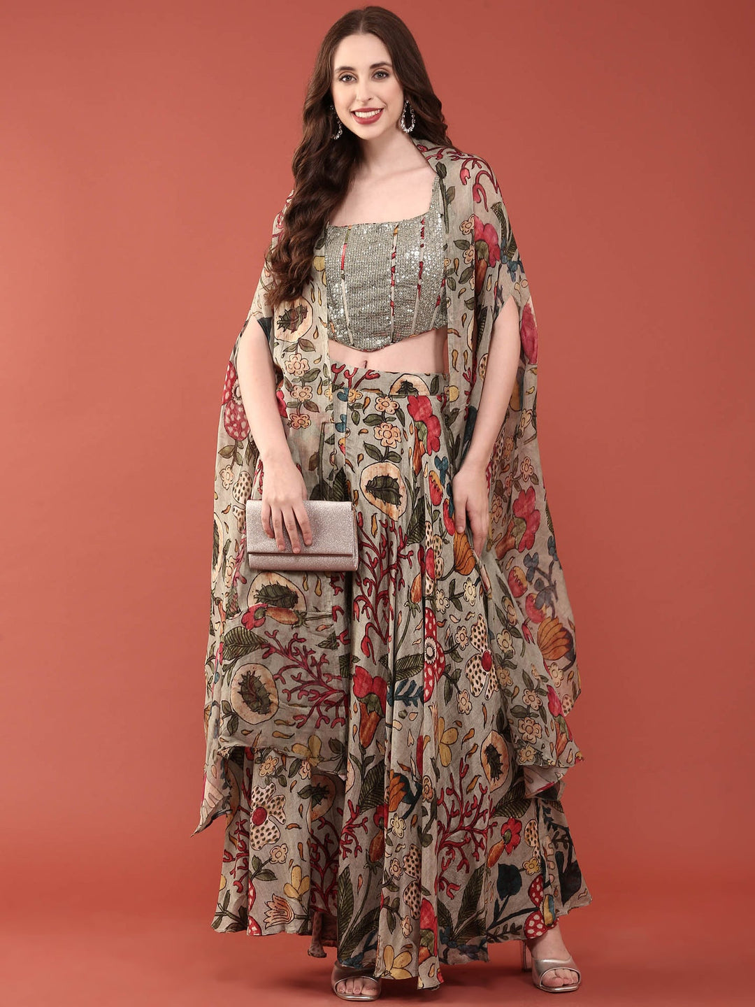 Neerus Green silk embellished crop top palazzo suit set - front view