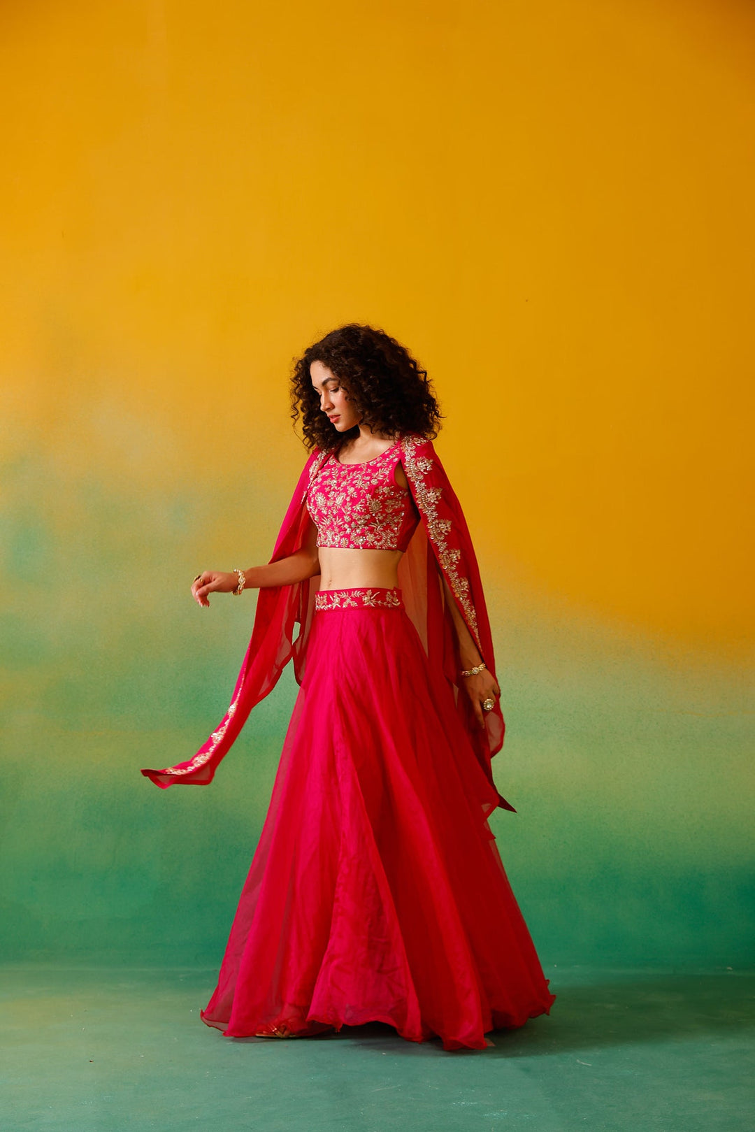 Neerus Pink organza embroidered lehenga ghagra set - detail view 3
