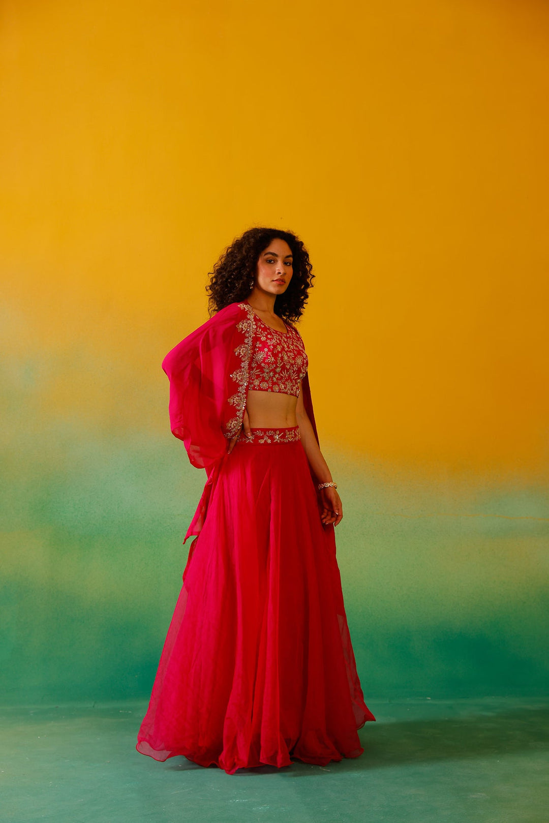 Neerus Pink organza embroidered lehenga ghagra set - detail view 1