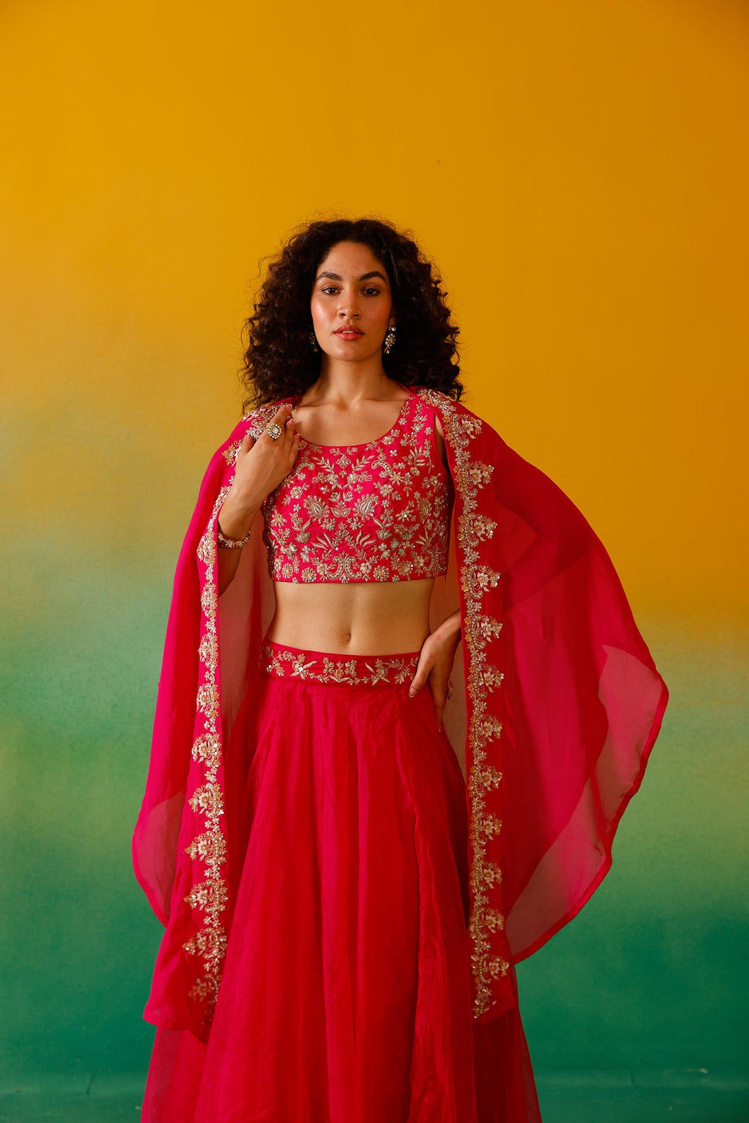 Neerus Pink organza embroidered lehenga ghagra set - detail view 5