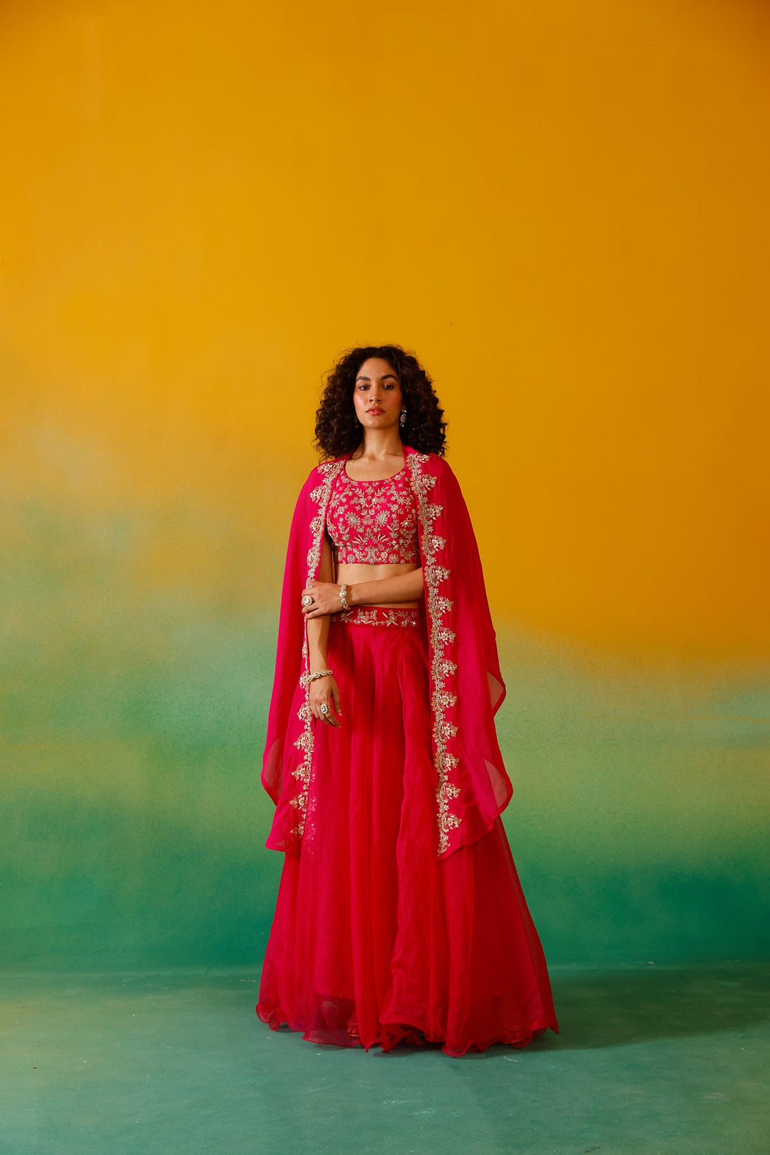 Neerus Pink organza embroidered lehenga ghagra set - detail view 9