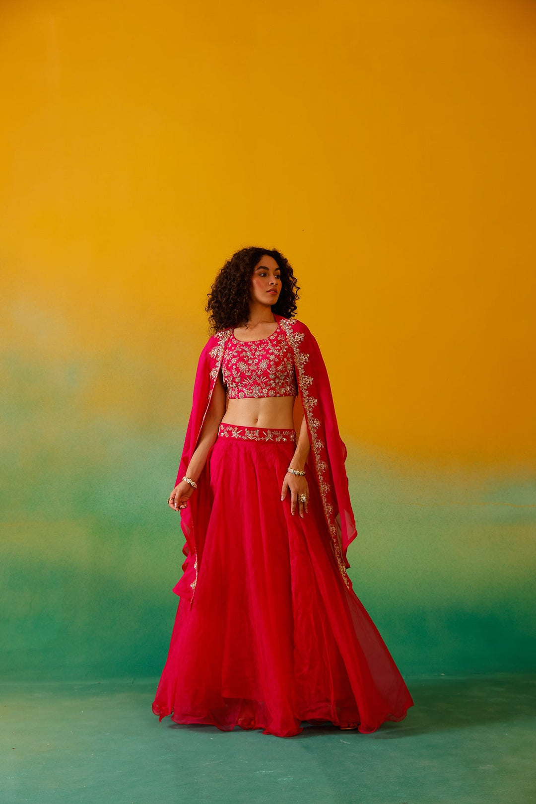 Neerus Pink organza embroidered lehenga ghagra set - detail view 10